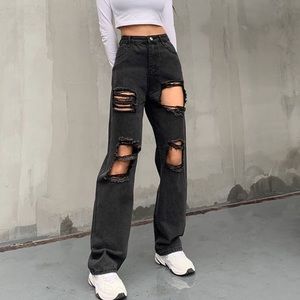 high waist ripped black jeans, form fitting
